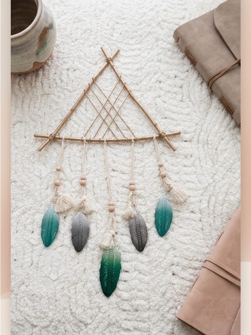 Bohemian Gold and Green Feather Wall Hanging